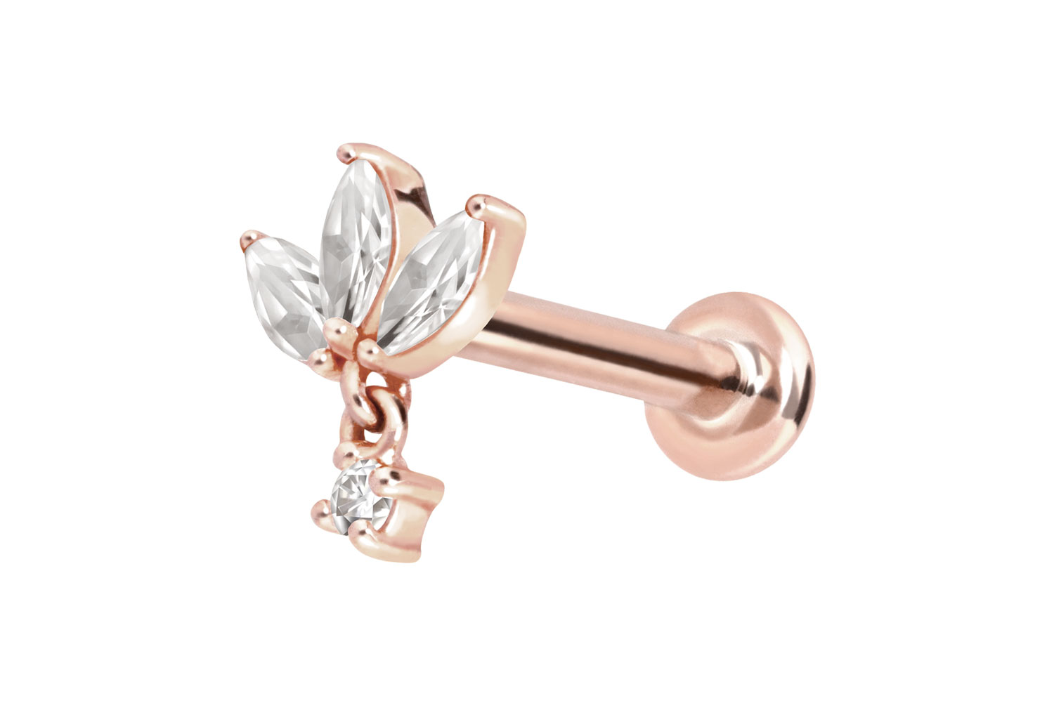 14 Karat Gold Labret Piercing mit Innengewinde MOISSANIT-BLUME + MOISSANIT